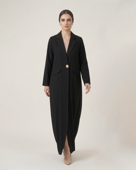 Woman wearing a black coat with a gold button on a white background