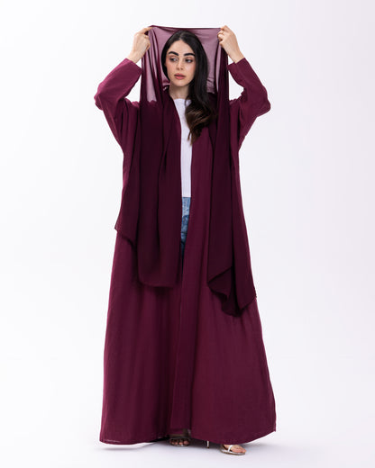 BURGUNDY BUTTONED CUFF ABAYA | PURE LINEN