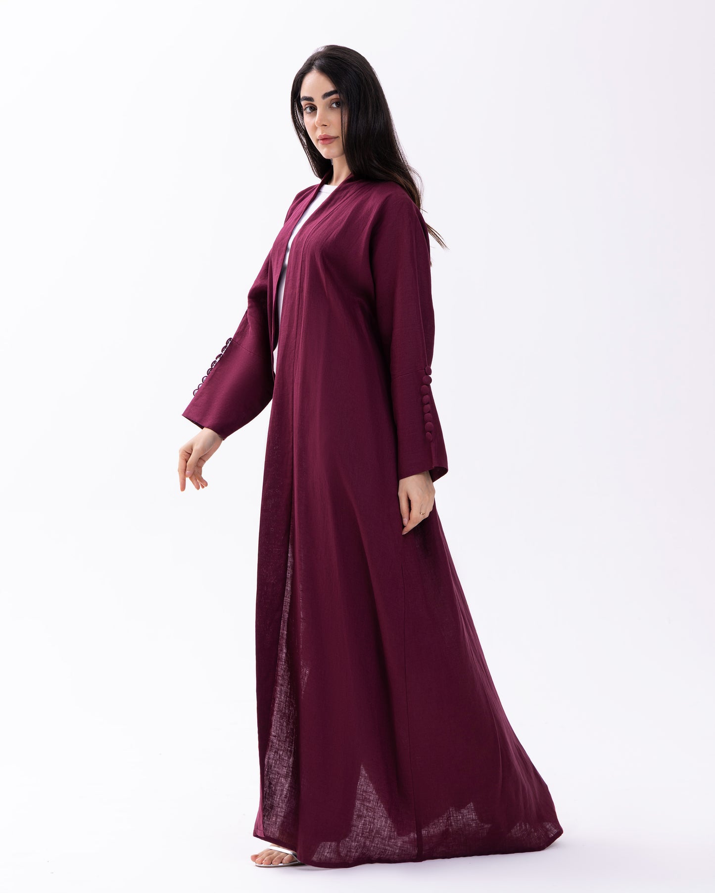 BURGUNDY BUTTONED CUFF ABAYA | PURE LINEN