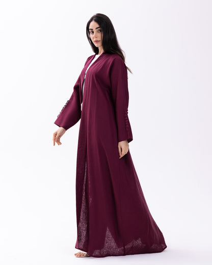 BURGUNDY BUTTONED CUFF ABAYA | PURE LINEN