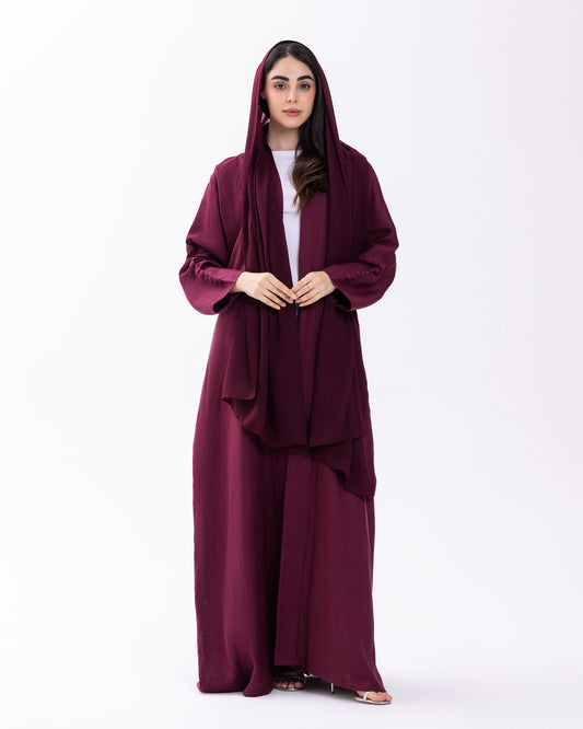 BURGUNDY BUTTONED CUFF ABAYA | PURE LINEN