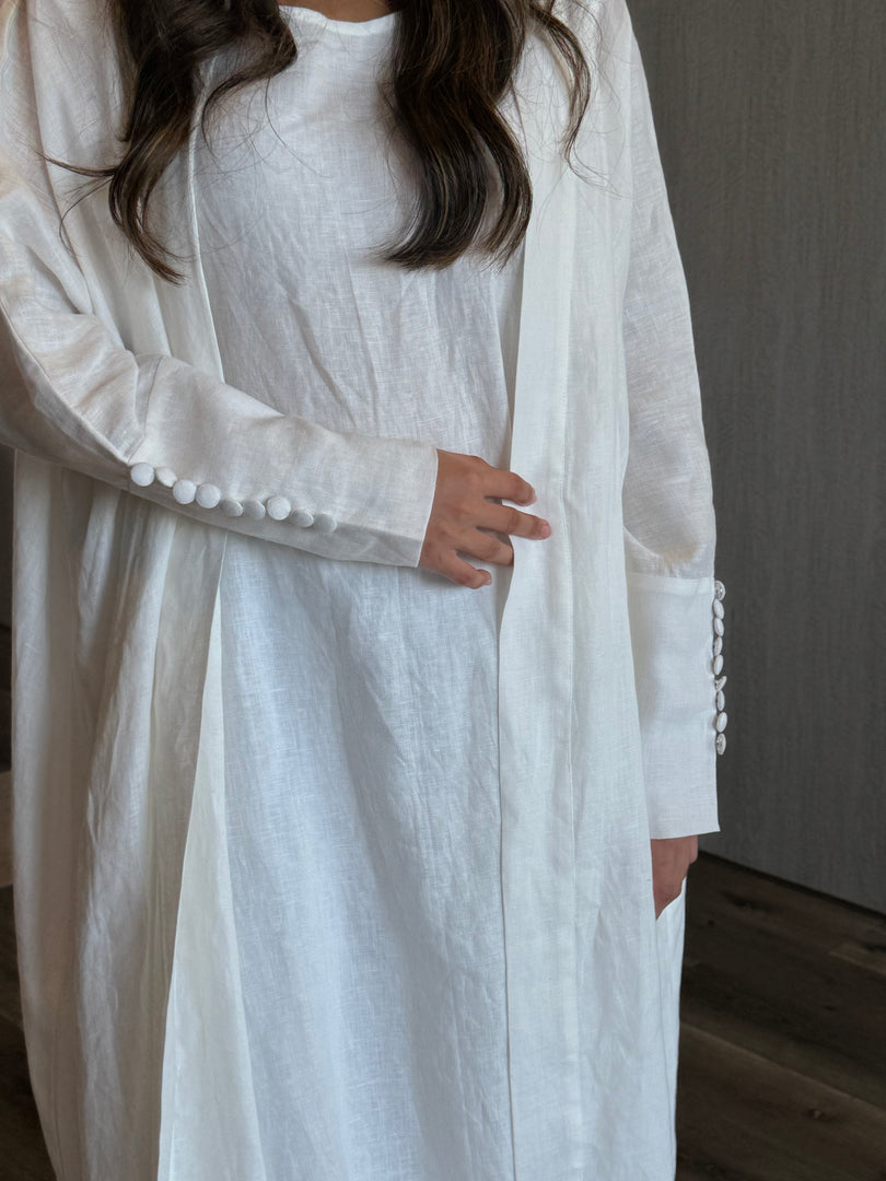 The White 100% Pure Linen Button Cuff Detail Abaya