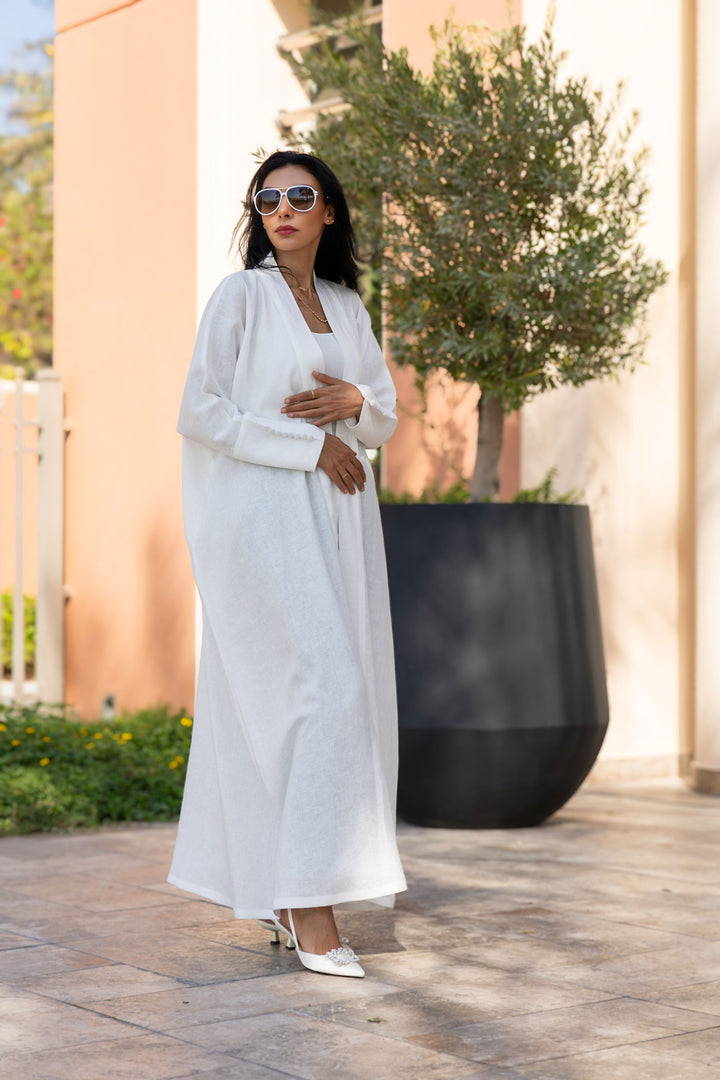 The White 100% Pure Linen Button Cuff Detail Abaya
