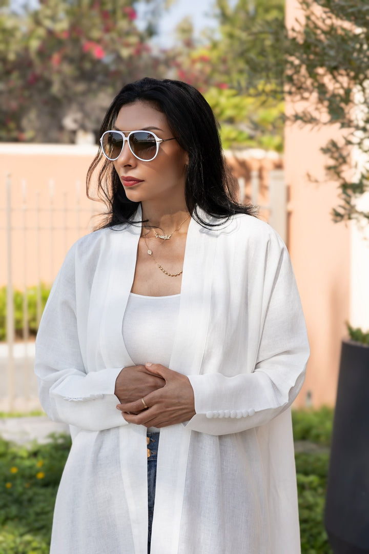 The White 100% Pure Linen Button Cuff Detail Abaya
