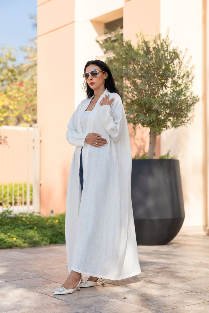 The White 100% Pure Linen Button Cuff Detail Abaya