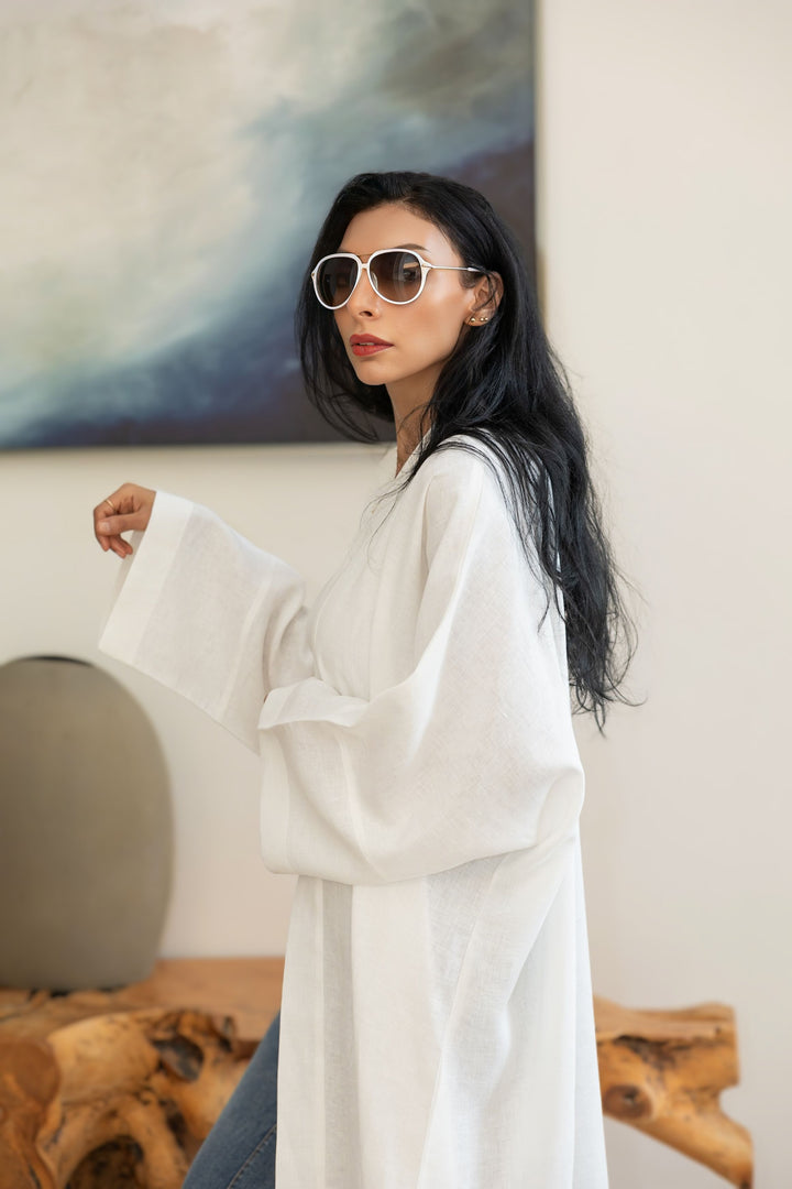 The White Linen Bhisht Abaya with Sleeves of Flare